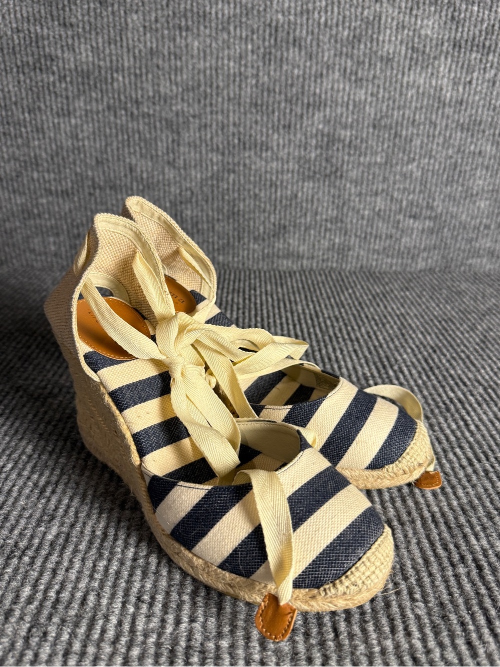 Sonoma Striped Navy and Cream Espadrille Wedge Sandals with Ankle Tie Size 8